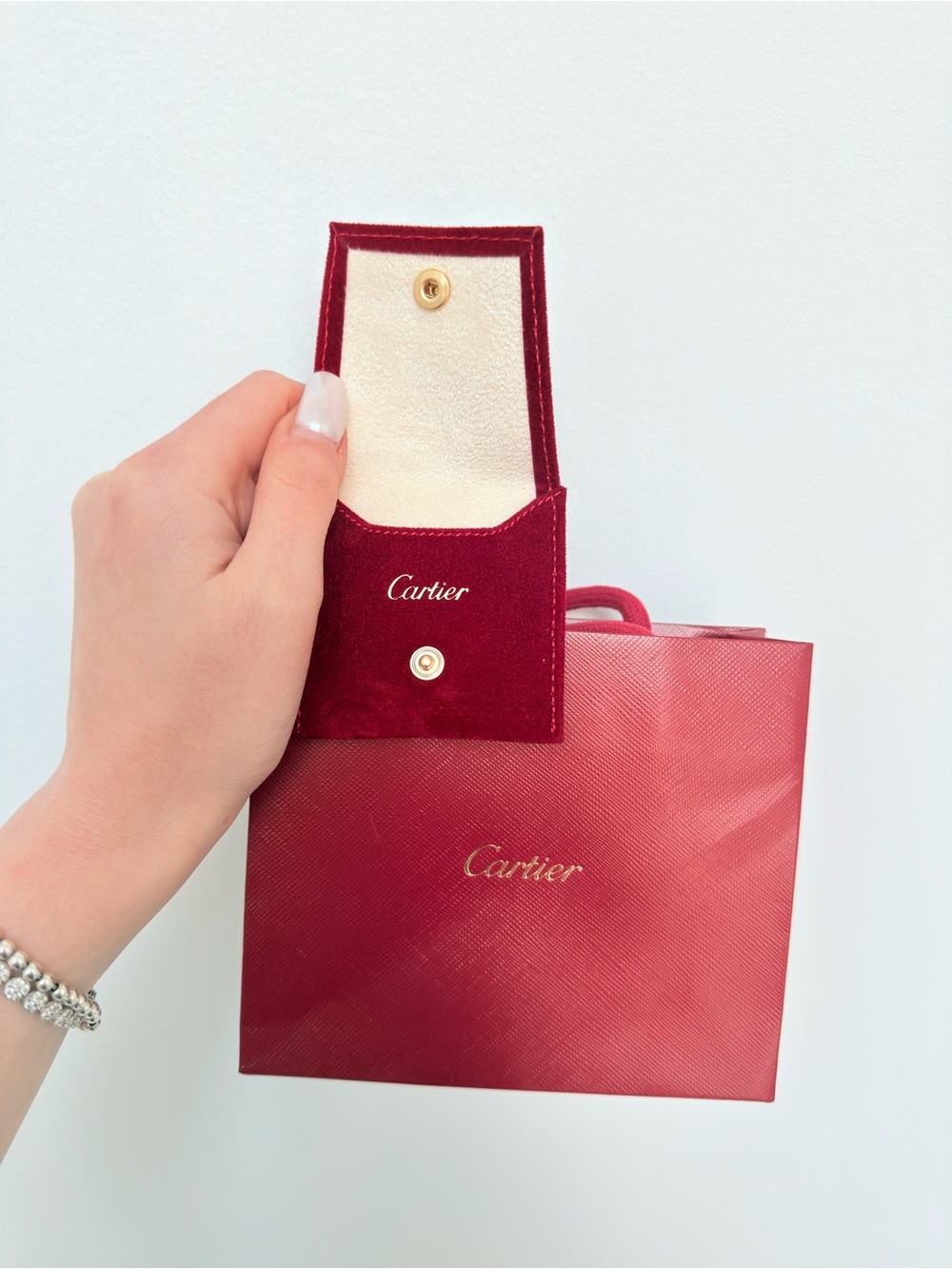 Authentic Cartier Red Velvet and Gold Jewelry Pouch with Red Gift Bag